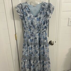 Moon River Blue Gray Maxi Sundress with Flutter Sleeves